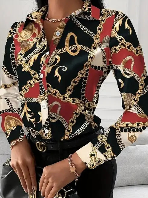 Women's Color Block Chain Print Button Shirt Stylish and Comfortable Long Sleeve Top for Spring and Fall